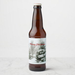 Rótulo Para Garrafa De Cerveja Feliz Natal, árvores de abeto com neve