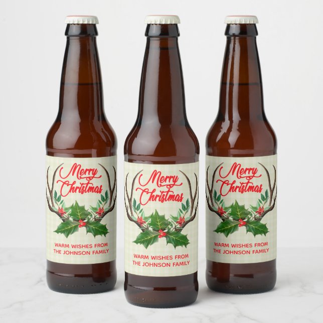 Rótulo Para Garrafa De Cerveja Feliz Natal Rustic Antlers (Garrafas)