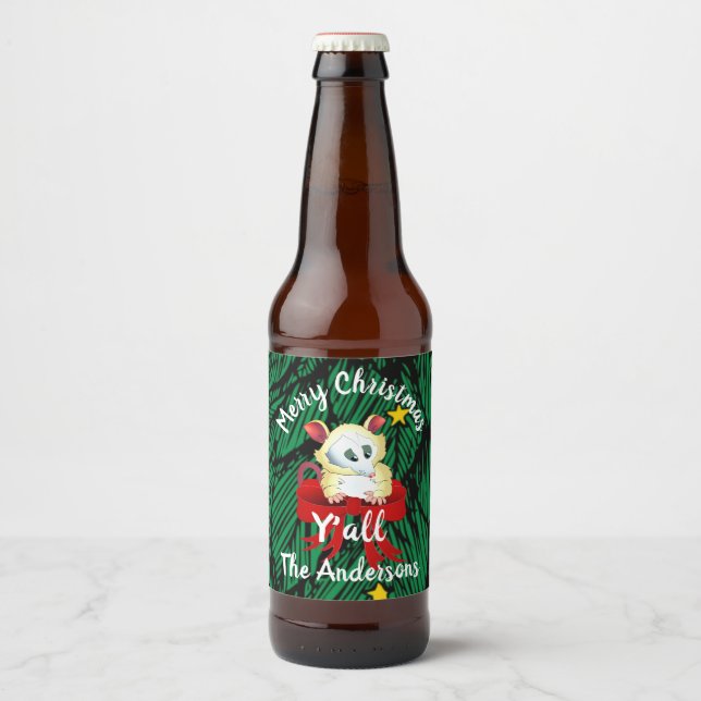 Rótulo Para Garrafa De Cerveja Feliz Natal Ya'll com Possum (Frente)