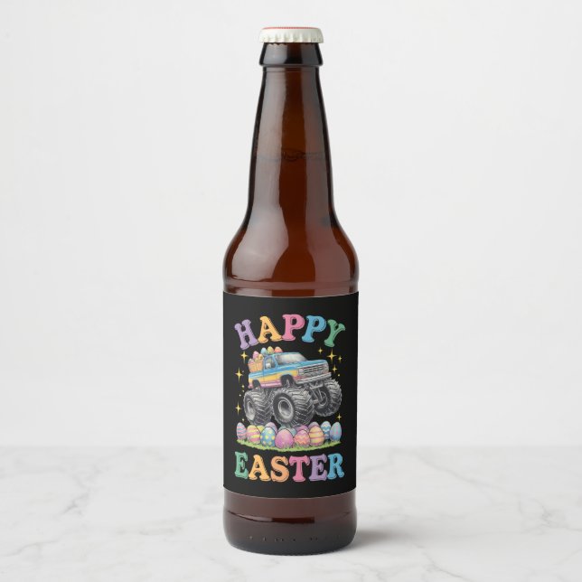 Rótulo Para Garrafa De Cerveja Feliz Páscoa Caminhão Monstro Divertido Esmaga Ovo (Frente)