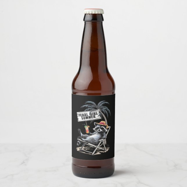 Rótulo Para Garrafa De Cerveja Feral Girl Summer Beach Funny Raccoon (Frente)