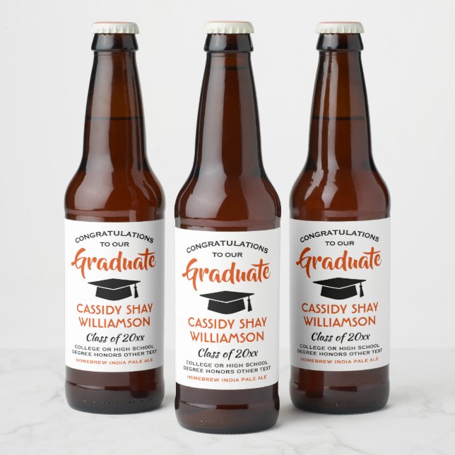 Rótulo Para Garrafa De Cerveja Festa de formatura Laranja Moderno Branco e Preto (Garrafas)
