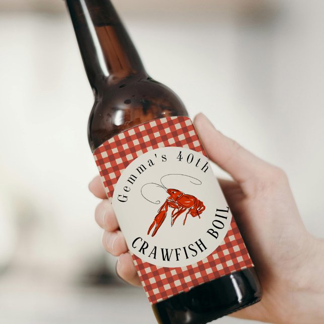 Rótulo Para Garrafa De Cerveja Festa de frutos do mar fervura de lagostim de ging (Red Gingham Crawfish Boil Seafood Party Beer Bottle Label)
