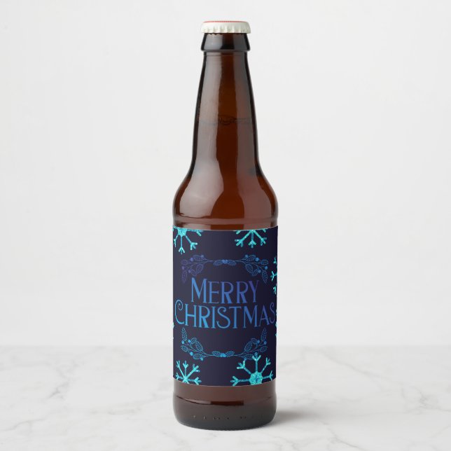 Rótulo Para Garrafa De Cerveja Flocos de neve com brilho azul (Frente)