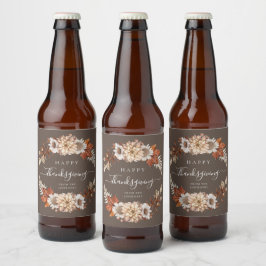 Rótulo Para Garrafa De Cerveja Floral de Outono Marrom Rústico Feliz Dia de Ação 