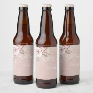 Rótulo Para Garrafa De Cerveja Flores Rosa Empoeirada Aquarela Noiva Casamento En