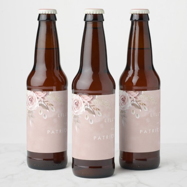 Rótulo Para Garrafa De Cerveja Flores Rosa Empoeiradas Aquarela Noiva Casamento E (Garrafas)