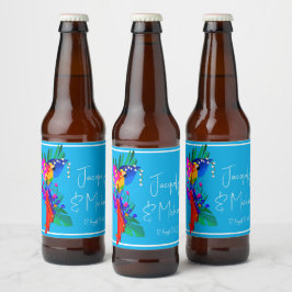 Rótulo Para Garrafa De Cerveja Flores Tropicais e Papagaio Colorido