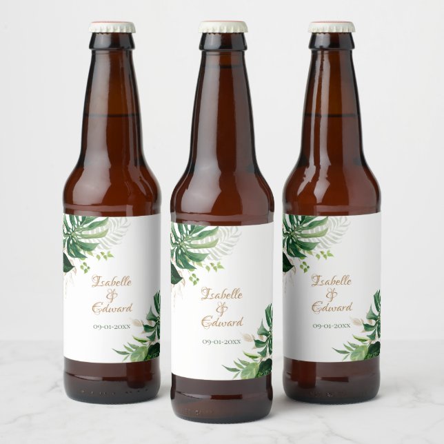 Rótulo Para Garrafa De Cerveja Folhas de Monstera Verde e Dourado Tropical (Garrafas)