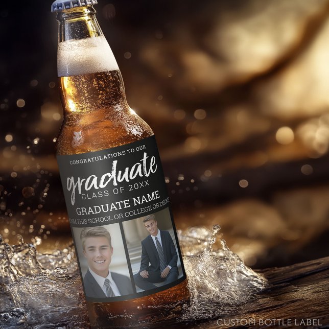 Rótulo Para Garrafa De Cerveja Formando de Graduação - Fotos - Preto (Custom Graduation Party Label)