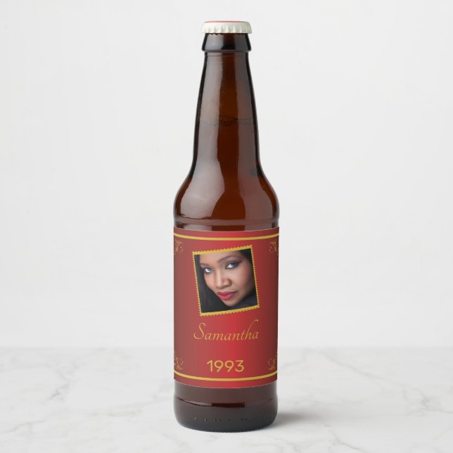 Rótulo Para Garrafa De Cerveja Foto Dourada personalizada Aniversário (Frente)