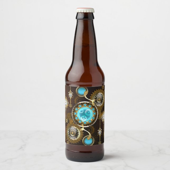 Rótulo Para Garrafa De Cerveja Fundo Rusty Steampunk com Lentes Turquesa (Frente)
