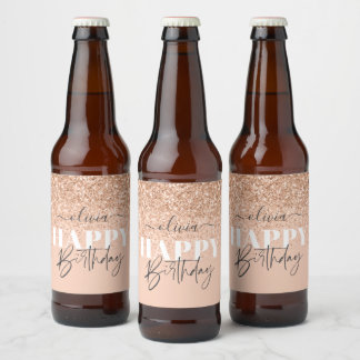 Rótulo Para Garrafa De Cerveja Garota cintilante moderno aniversário de rosa dour