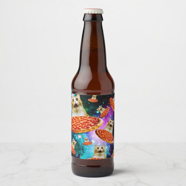 Rótulo Para Garrafa De Cerveja Gato de pizza espacial engraçado (Frente)