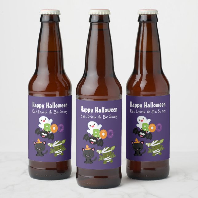 Rótulo Para Garrafa De Cerveja Gato Feliz de Halloween, Bat, Mamãe e Fantasma (Garrafas)