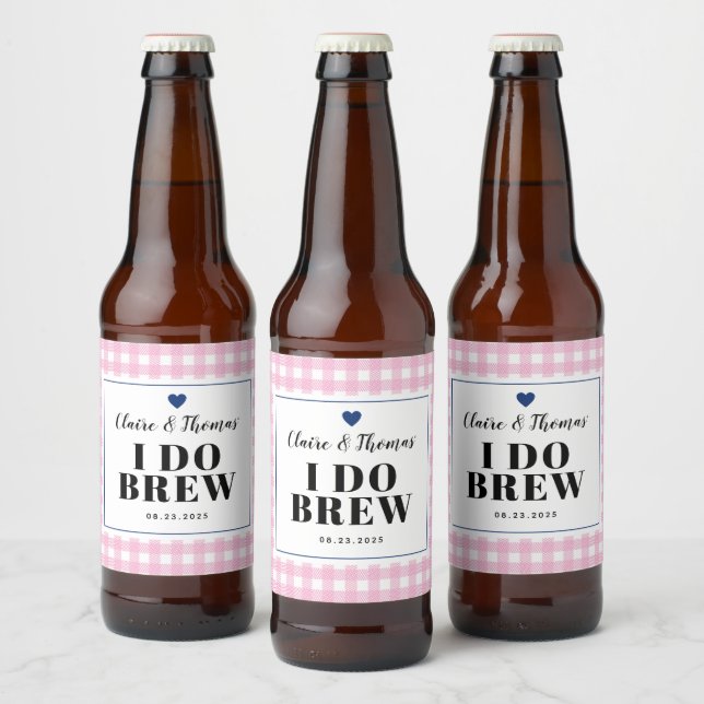 Rótulo Para Garrafa De Cerveja Gingham rosa com Marinho azul Eu faço casamento (Garrafas)