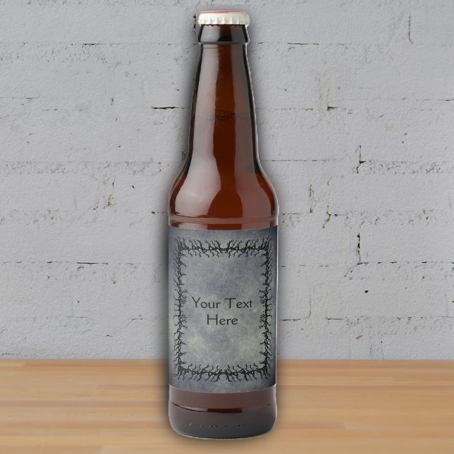 Rótulo Para Garrafa De Cerveja Gothic Barbed black Branch Frame Glowing Grey (Gothic spooky theme black barbed branch frame on glowing grey beer or drink bottle labels.)