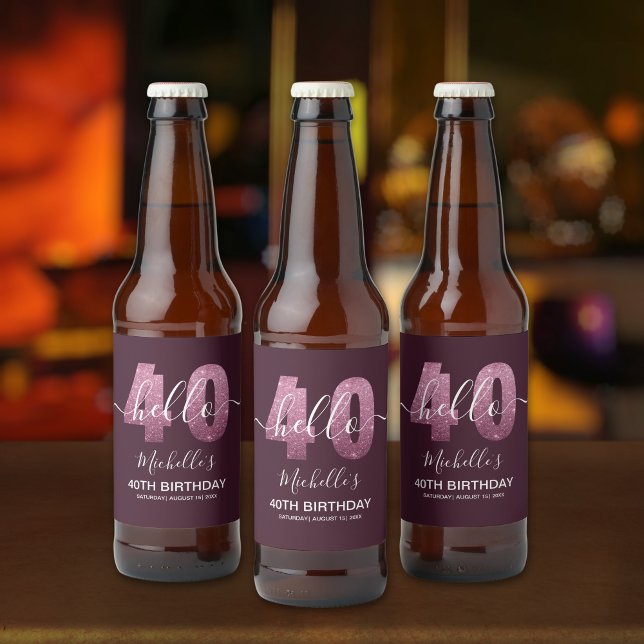 Rótulo Para Garrafa De Cerveja Hello 40! Elegant 40th birthday with Pink glitter (Criador carregado)