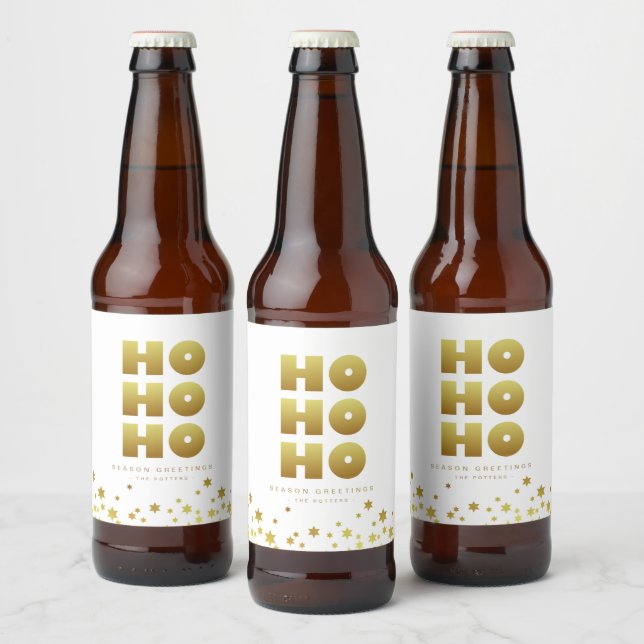 Rótulo Para Garrafa De Cerveja Ho Ho Ho | Natal divertido Branco e Dourado (Garrafas)
