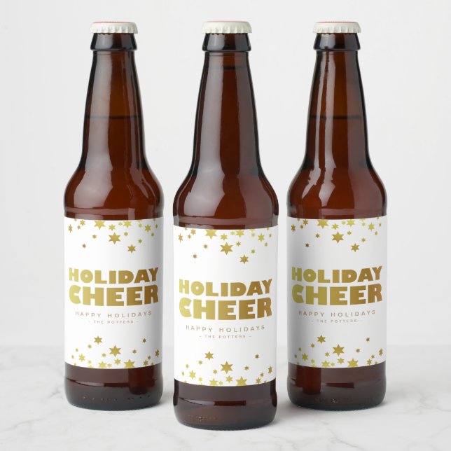 Rótulo Para Garrafa De Cerveja Holiday Cheers | Natal divertido Branco e Dourado (Garrafas)