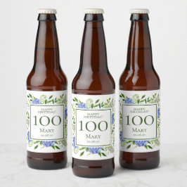 Rótulo Para Garrafa De Cerveja Hortênsias Azuis de Aniversário de 100 anos