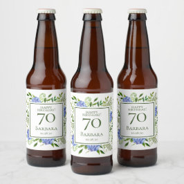 Rótulo Para Garrafa De Cerveja Hortênsias Azuis para 70º Aniversário