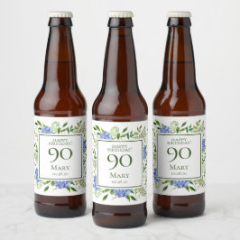 Rótulo Para Garrafa De Cerveja Hortênsias Azuis para 90º Aniversário
