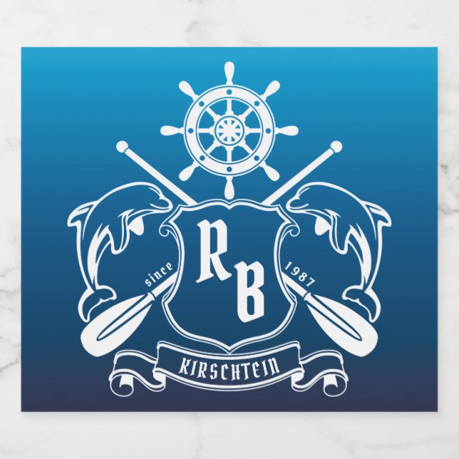 Rótulo Para Garrafa De Cerveja Insígnia Marinha Golfinhos Remo do Leme Escudo Náu (Rótulo Único)