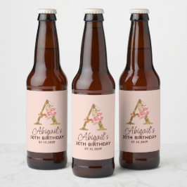 Rótulo Para Garrafa De Cerveja Letra A Monograma Dourado Rosas Rosa Beijo