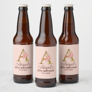 Rótulo Para Garrafa De Cerveja Letra A Monograma Dourado Rosas Rosa Beijo