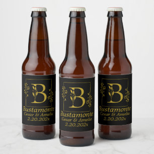 Rótulo Para Garrafa De Cerveja Letra Botânica Preta e Dourada B