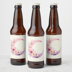 Rótulo Para Garrafa De Cerveja Lua de Crescente Rosa com Flores Bonito