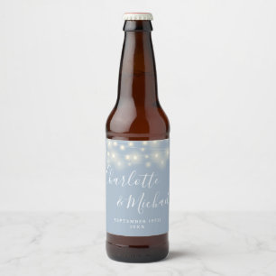 Rótulo Para Garrafa De Cerveja Luzes de Corda Assinatura Script Casamento Azul Em