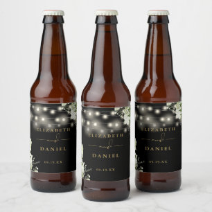 Rótulo Para Garrafa De Cerveja Luzes de Corda Ouro Preto Floral Verde Casamento