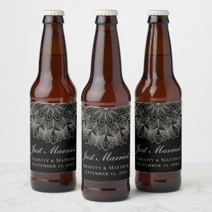 Rótulo Para Garrafa De Cerveja Mandala Indiano Boho Preto Casamento Recém-Casados