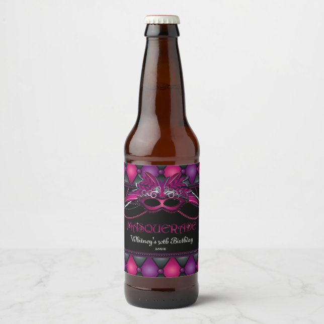 Rótulo Para Garrafa De Cerveja Mascarada, rosa e roxo (Frente)