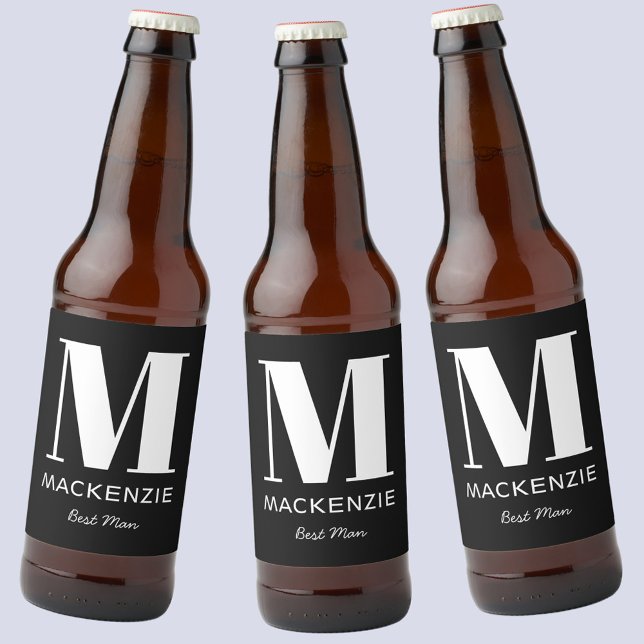 Rótulo Para Garrafa De Cerveja Melhor Homem - Monograma - Preto (Modern Best Man monogram initial name beer bottle labels)