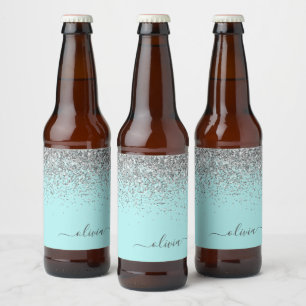 Rótulo Para Garrafa De Cerveja Monograma de Prata Leve Azul Aqua