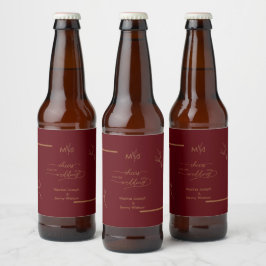Rótulo Para Garrafa De Cerveja Monograma Moderno com Bordadura de Folhas Douradas