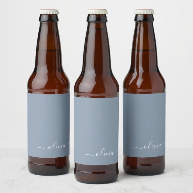 Rótulo Para Garrafa De Cerveja Monograma Moderno Minimalista Dusty Blue Elegante (Garrafas)