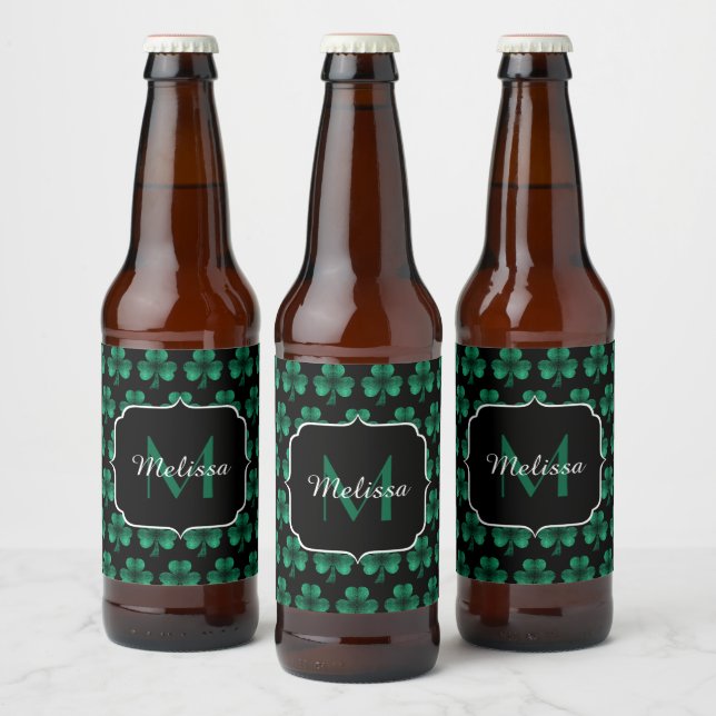 Rótulo Para Garrafa De Cerveja Monograma preto de Shamrock Verde Sparkle Emerald (Garrafas)