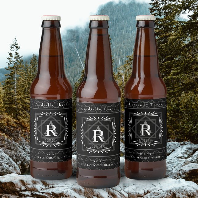 Rótulo Para Garrafa De Cerveja Monograma Preto na moda (Modern stylish Monogram Design. )
