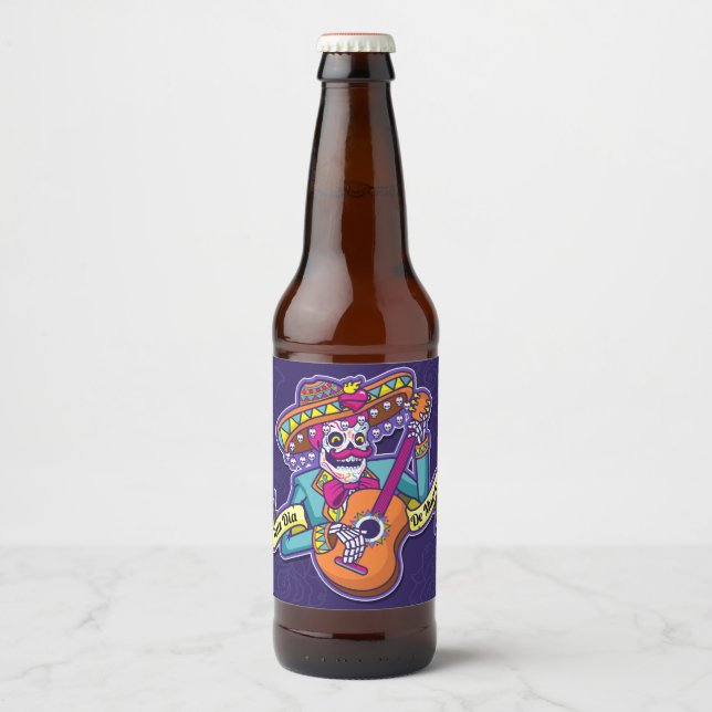 Rótulo Para Garrafa De Cerveja Muertos Sugar Skull Mexicano Mariachi Guitar Fiest (Frente)