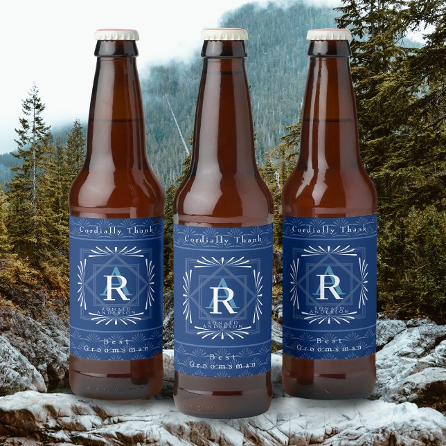 Rótulo Para Garrafa De Cerveja Na moda Frame Marinho Monograma (Modern stylish Monogram Design. )