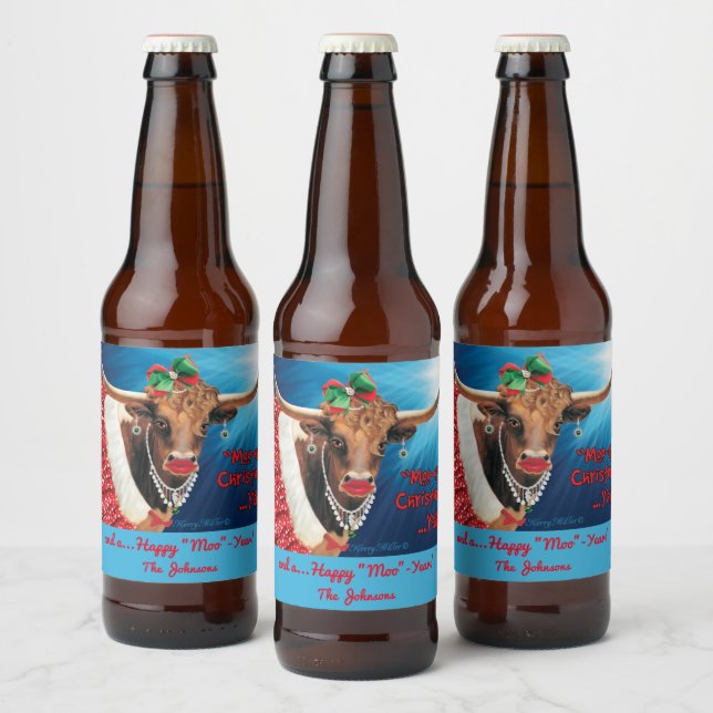 Rótulo Para Garrafa De Cerveja Natal "MOO", Vaca Longhorn (Garrafas)