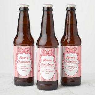 Rótulo Para Garrafa De Cerveja Natalina com Moldura de Listras Rosa e Vermelho &