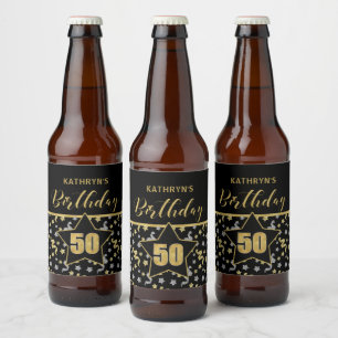 Rótulo Para Garrafa De Cerveja Nome 50º Tema de Confetti de Aniversário em Dour
