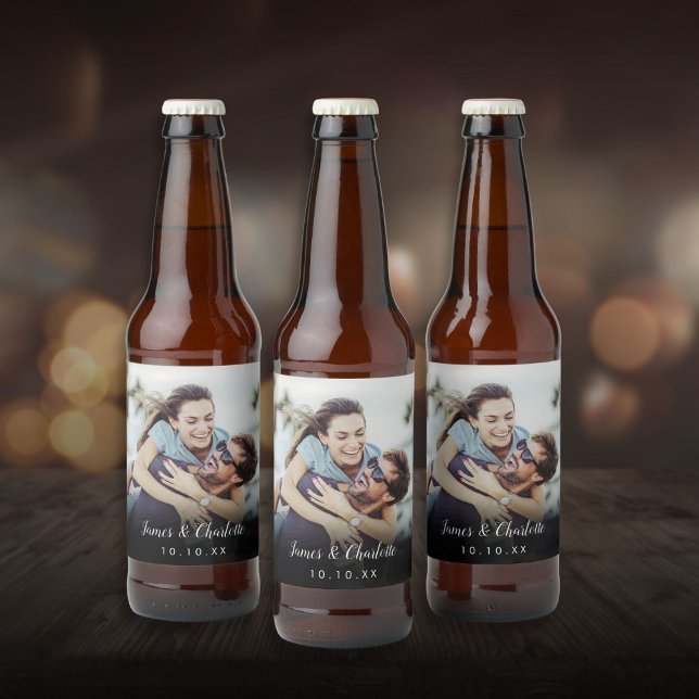 Rótulo Para Garrafa De Cerveja Nome Data de Roteiro de Foto Personalizada Minimal (Minimalist Personalized Photo Script Name Date Beer Bottle Label)