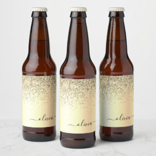 Rótulo Para Garrafa De Cerveja Nome do Glam do Monograma Dourado Glitter Metal
