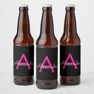 Rótulo Para Garrafa De Cerveja Nome do Monograma Giratório de Script Preto Rosa Q